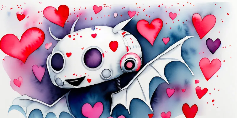 A watercolour-style painting of small robot bat looking happy whilst surrounded by floating red, pink and purple love hearts.