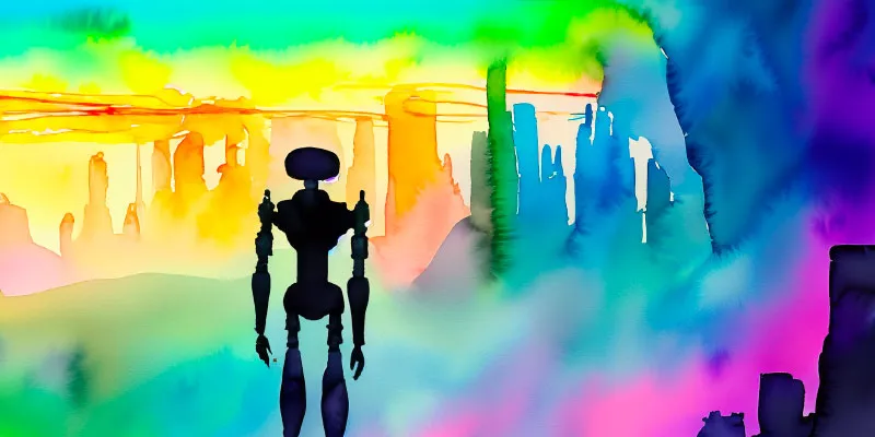 A watercolour-style painting of a silhouetted robot overlooking a cityscape painted in vibrant rainbow colours.